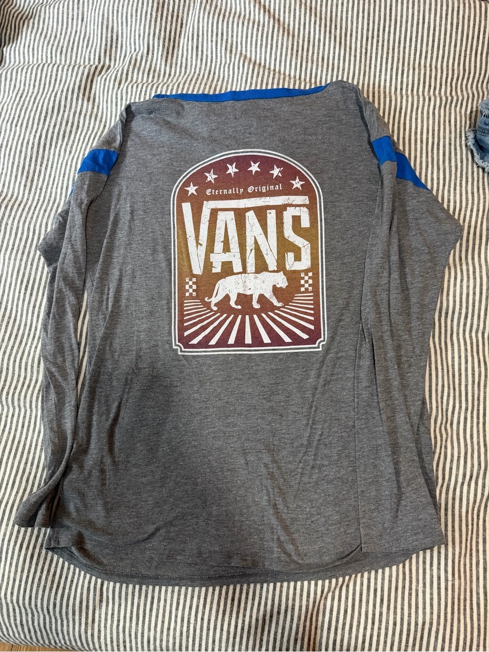 Vans Gray Long Sleeve Tee with Blue Shoulder Panels and Retro Logo